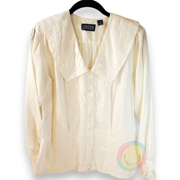 Lands End Blouse Women's 12 Linen Cotton Broderie Anglaise Peter Pan Collar - Picture 1 of 14